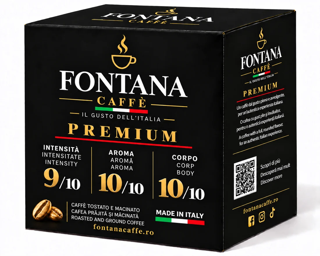Pachetul negru Fontana Caffè Premium: intensitate 9/10, aromă 10/10, corp 10/10, „Made in Italy”