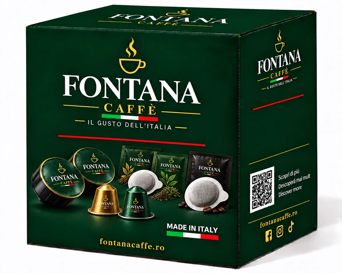 Pachet verde Fontana Caffè cu capsule, doze ESE și boabe de cafea, sub sloganul „Il gusto dell’Italia”