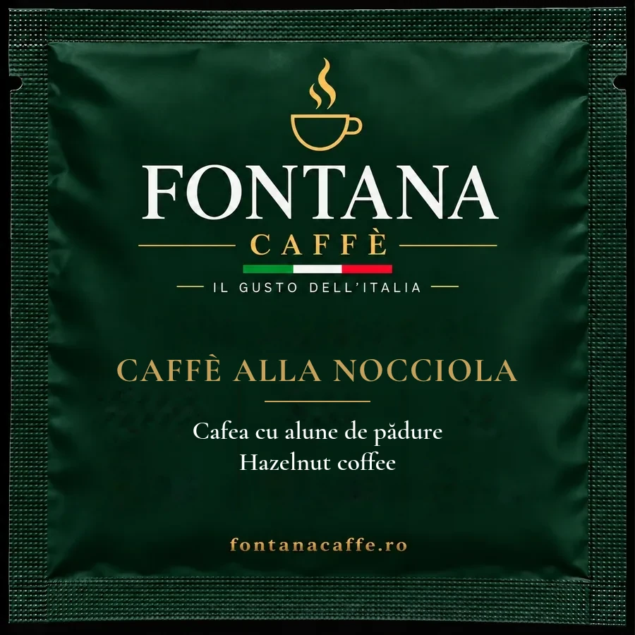 Plic verde Fontana Caffè pentru doză ESE cafea cu alune, față, cu denumirea în italiană, română și engleză
