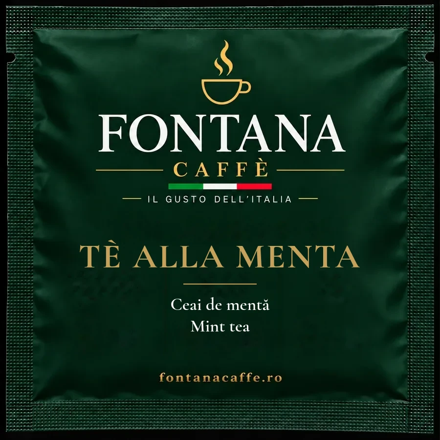 Plic verde Fontana Caffè pentru doză ESE ceai la mentă, față, cu denumirea în italiană, română și engleză