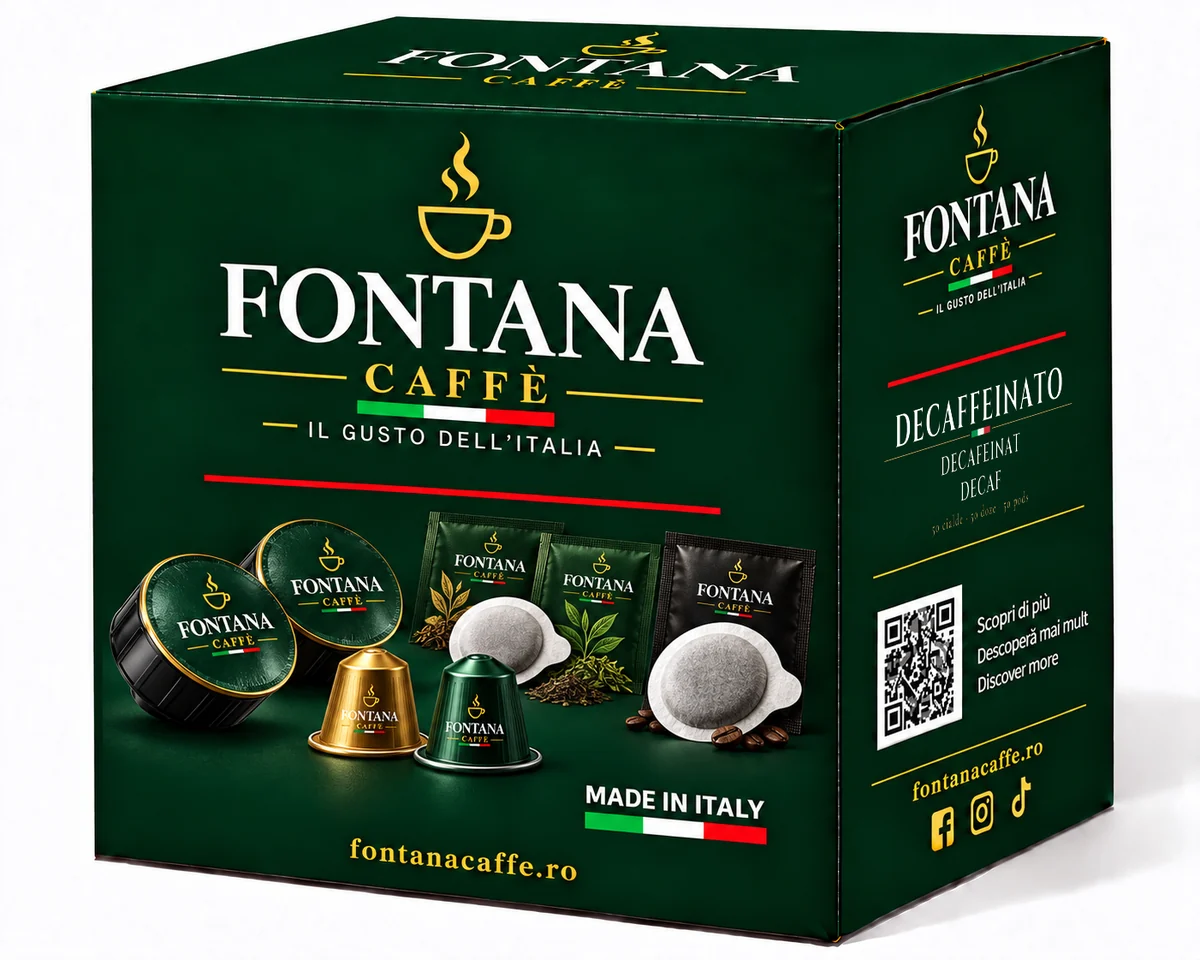Ambalaj verde Fontana Caffè, cu eticheta „decaffeinato / decafeinat / decaf” pe latura dreaptă (50 de doze)